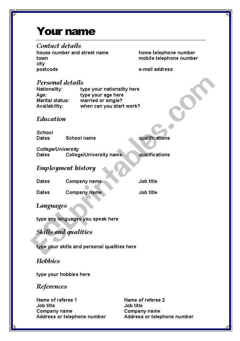 CV template in Word worksheet
