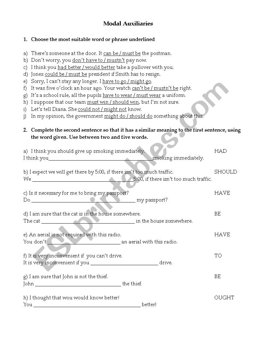 Modals worksheet