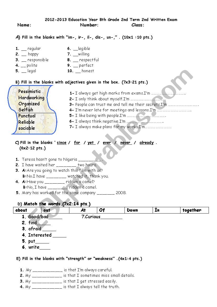 8th Grade second term second written exam