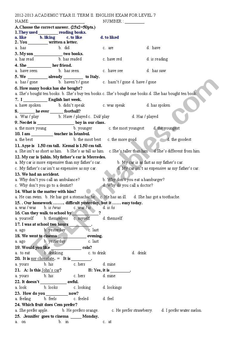 7th Grade second term second written exam