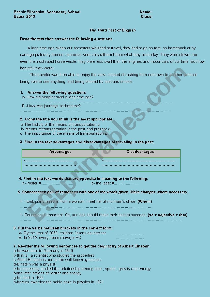 TRANSPORTATIO? NOW AND THEN worksheet