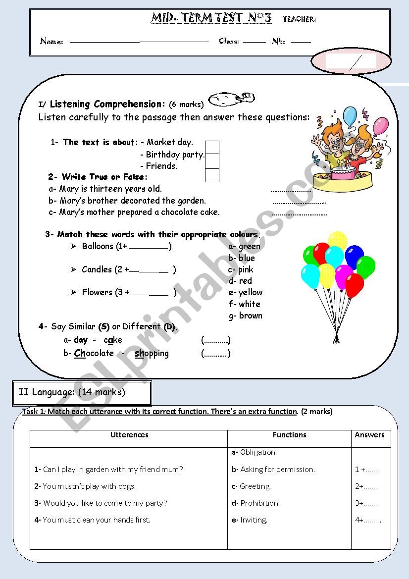 Mid-term test n3 7th form worksheet