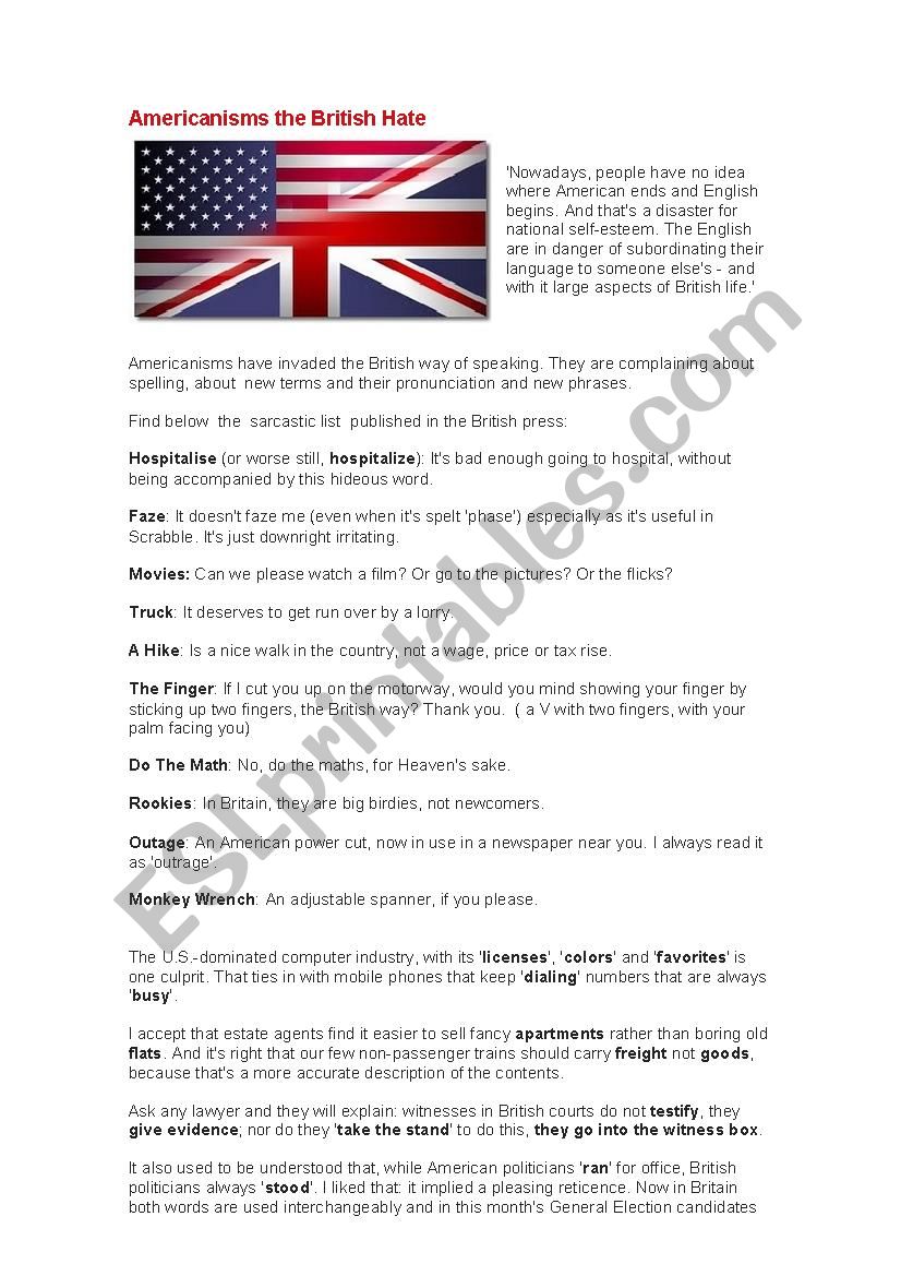 Americanism that british hate worksheet
