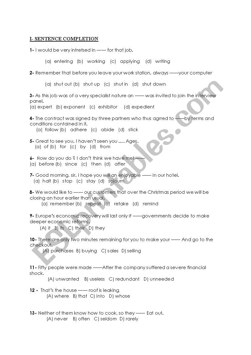 sentence completion worksheet