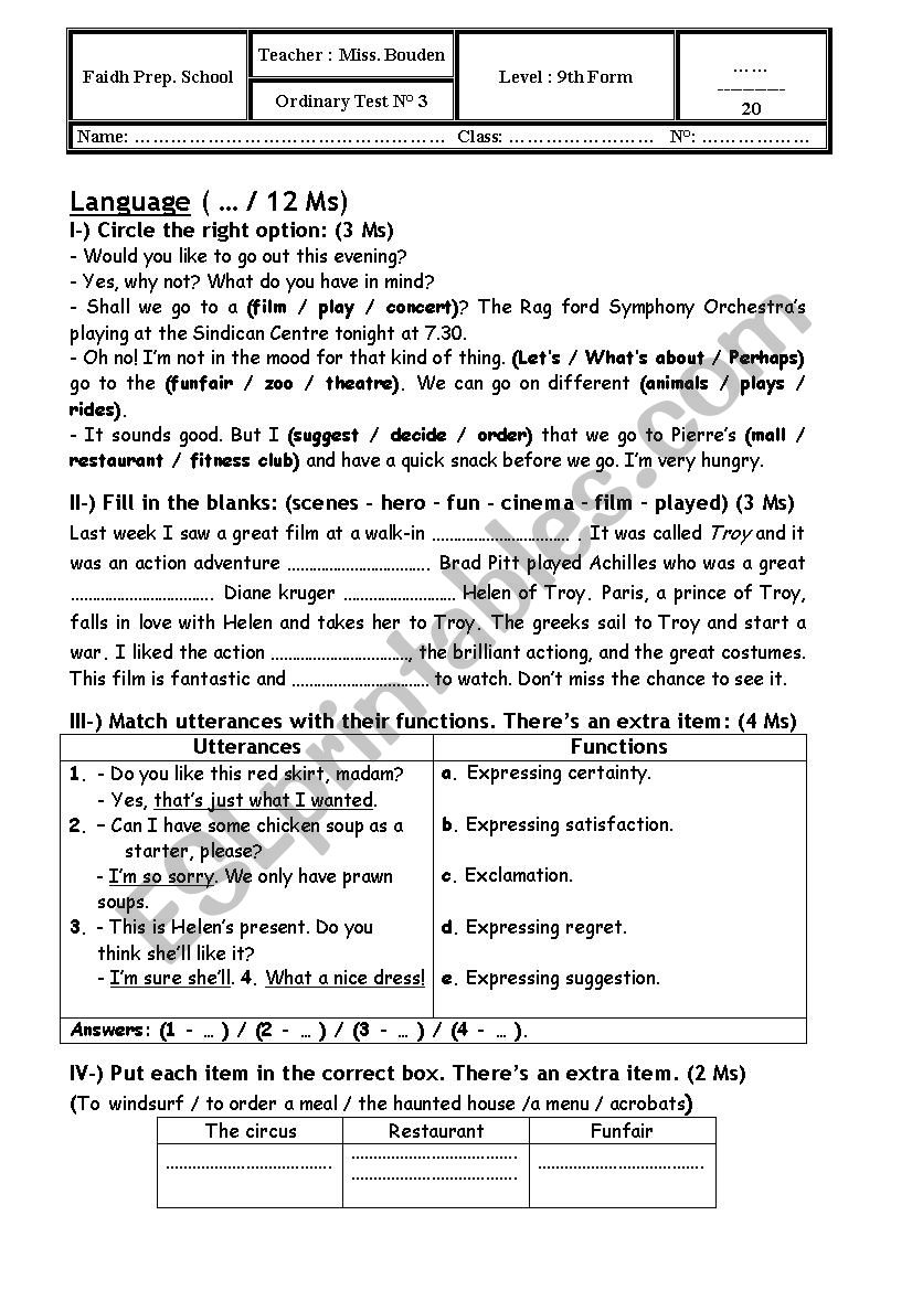 Mid-term test N3 for 9th Formers