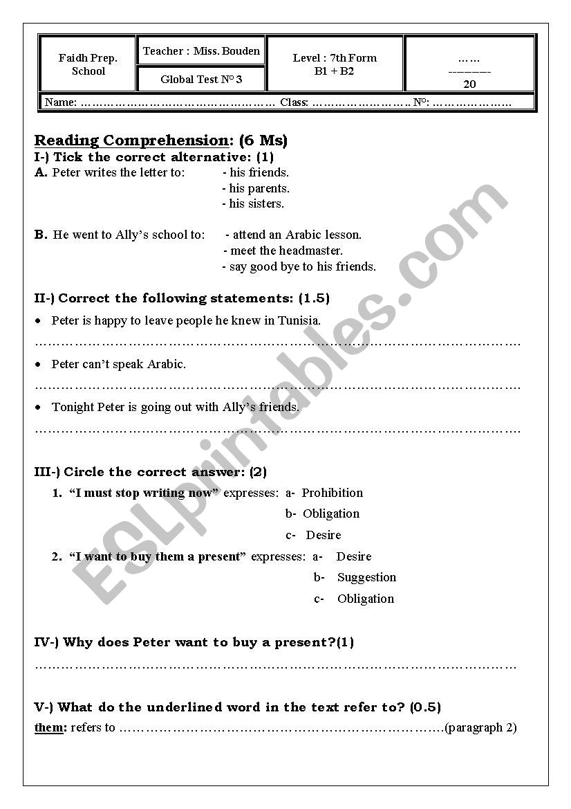 End of term test3 for the 7th Formers 