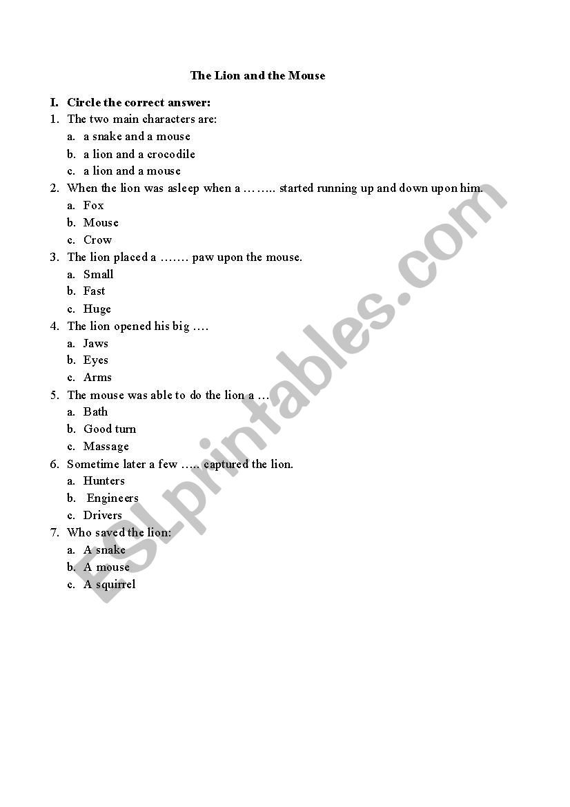 THE LION AND THE MOUSE worksheet