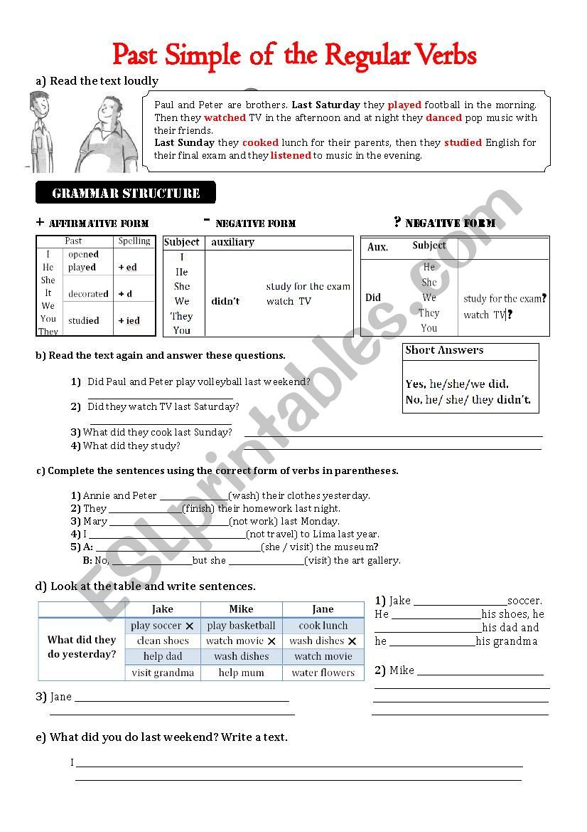 past simple of regular verbs worksheet