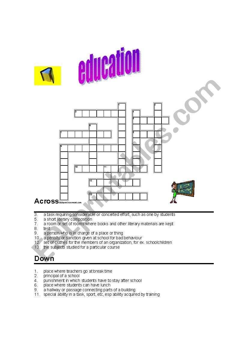 Crossword on education worksheet