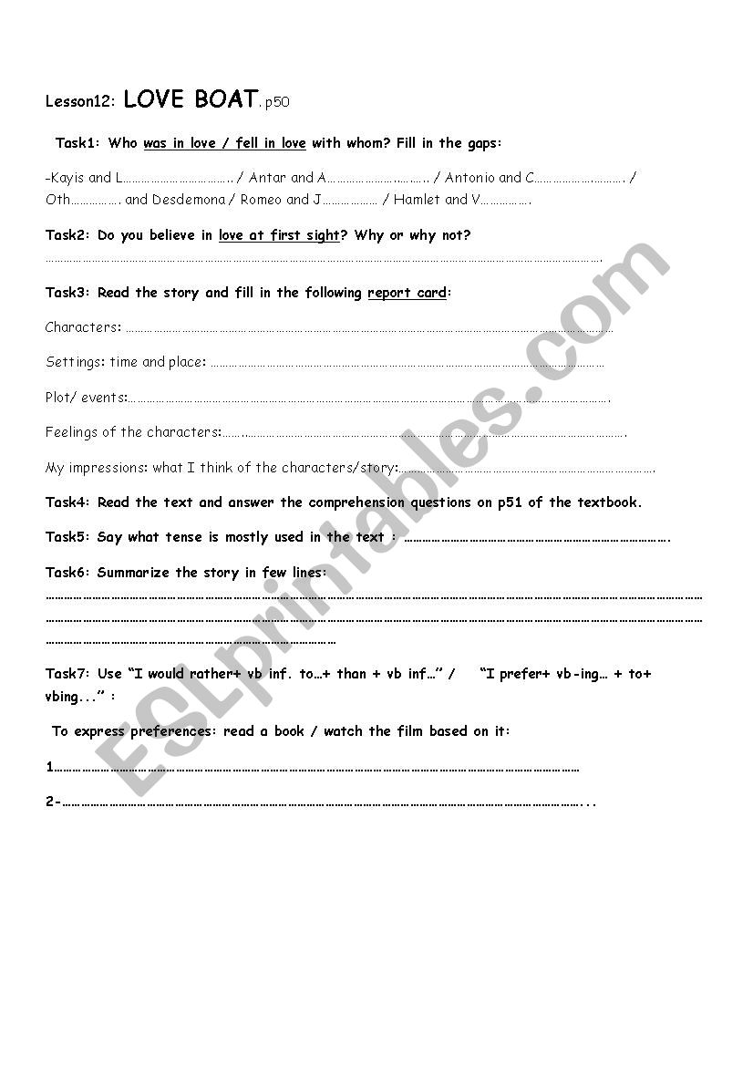 love boat  worksheet