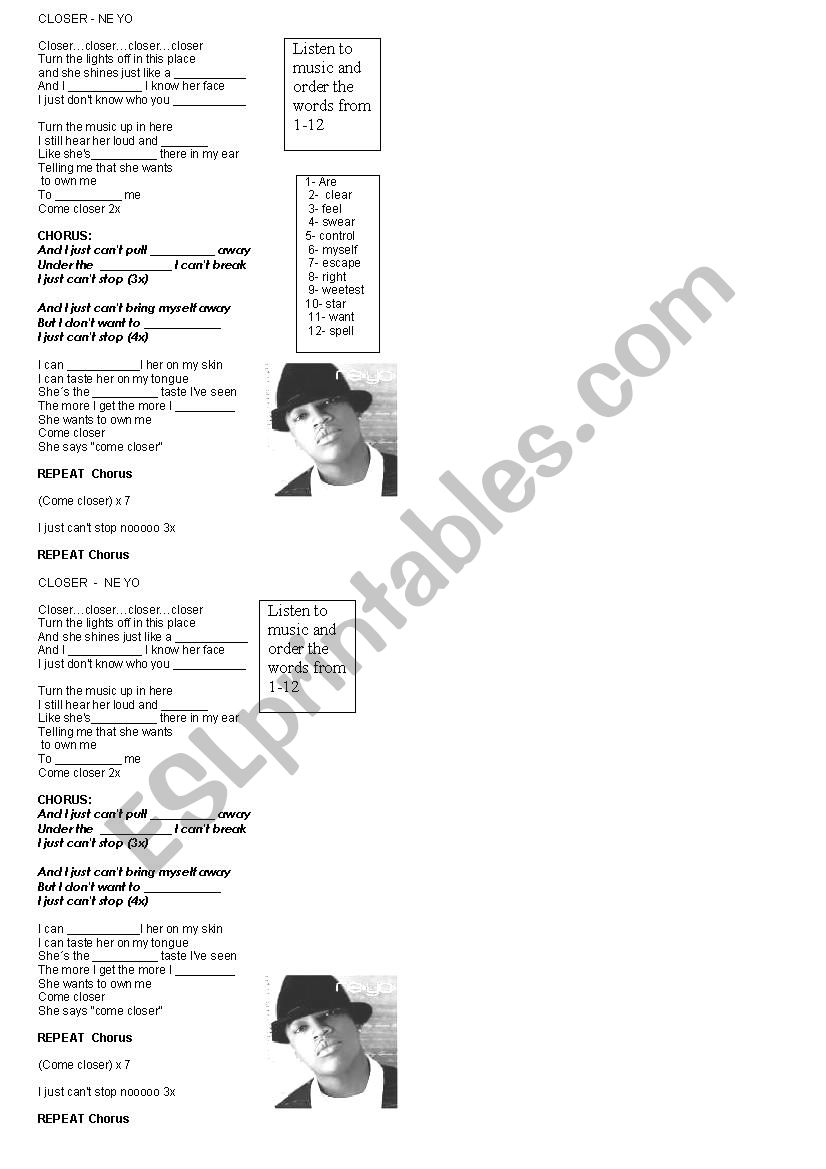 song- closer worksheet