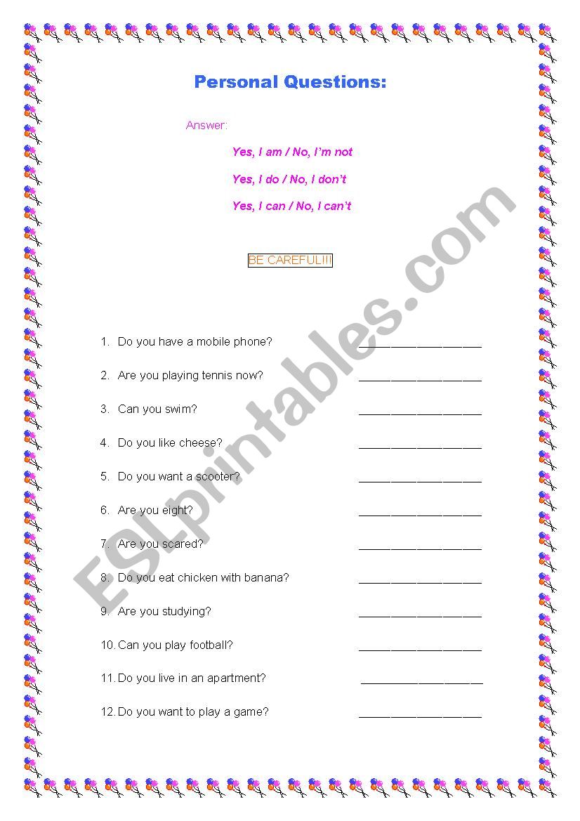 Personal Questions worksheet