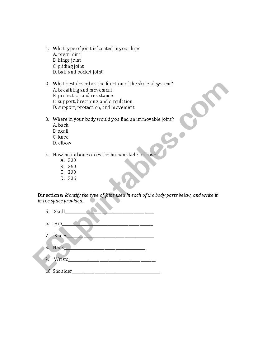 Bones and Joints Quiz (25th Grade) - ESL worksheet by mejia25 Regarding Joints And Movement Worksheet