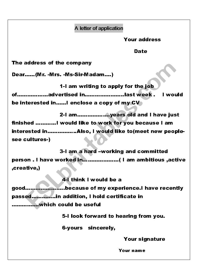 letter of application worksheet