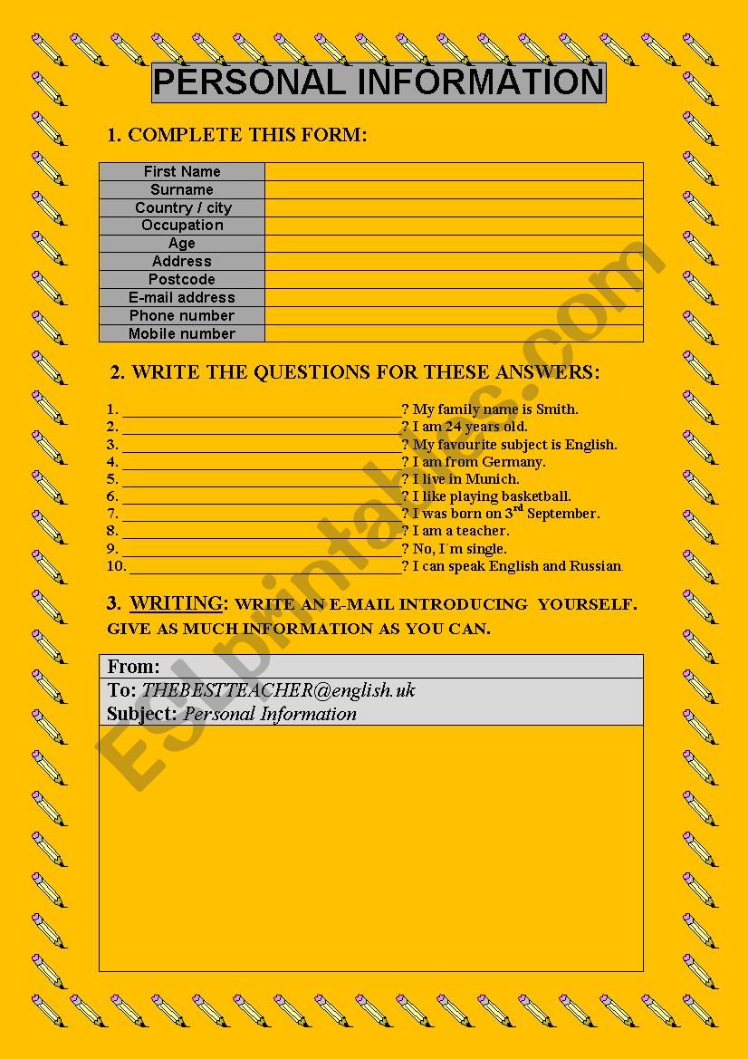 PERSONAL INFORMATION REVISION worksheet