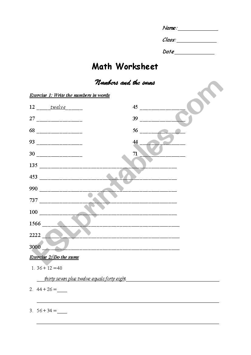 Math - Numbers and the sums worksheet