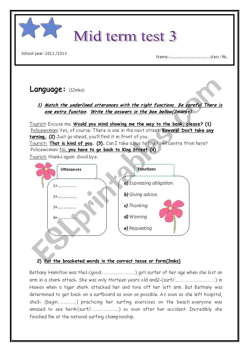 Mid term test 3 9th form tunisian programme