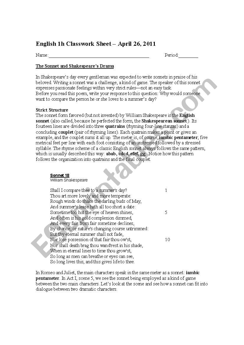 Sonnets in Romeo and Juliet worksheet