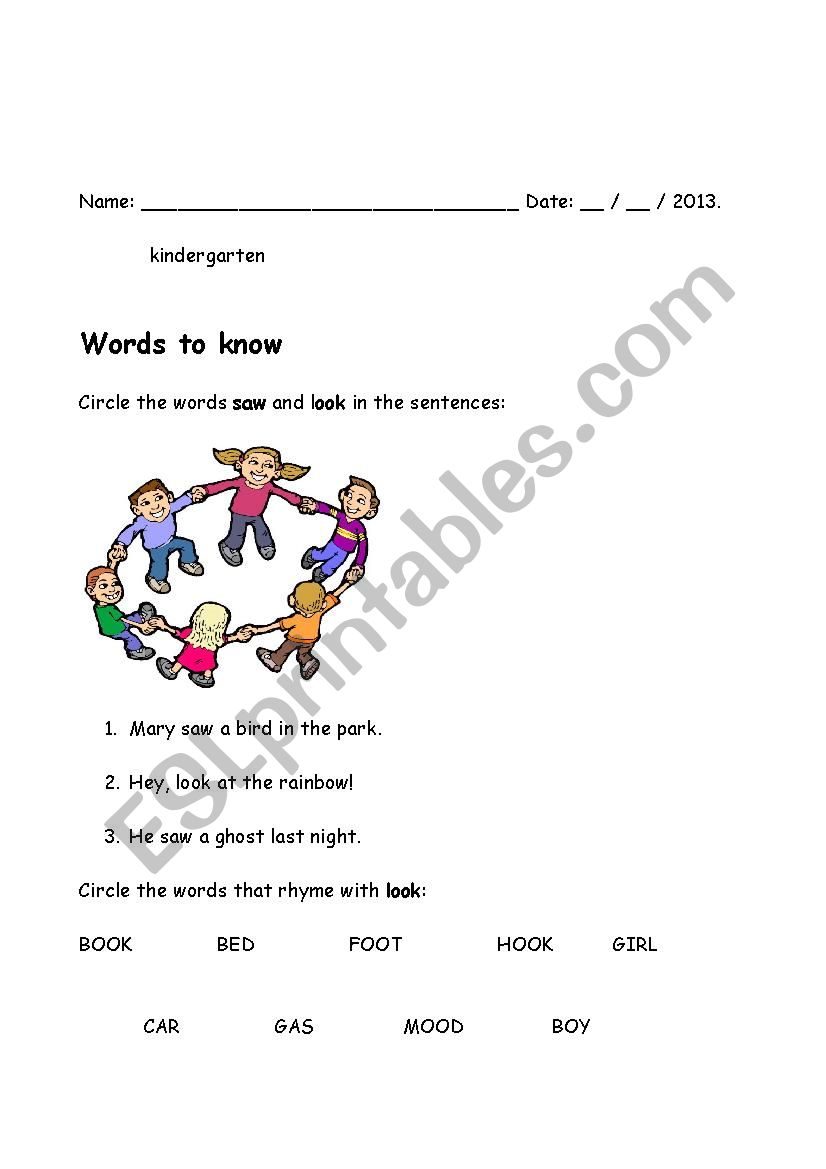 Sight Words: saw & look worksheet