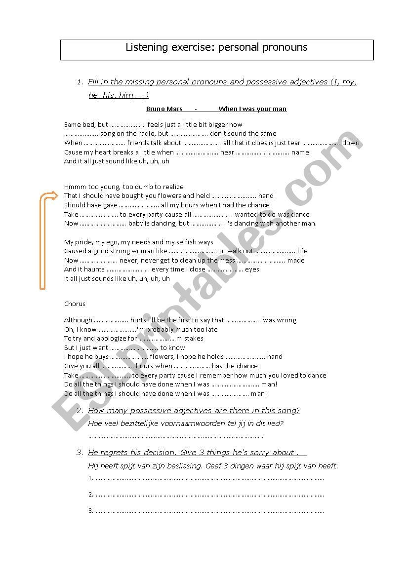 Listening exercise for personal pronouns. Song: Bruno Mars - If I was your man.