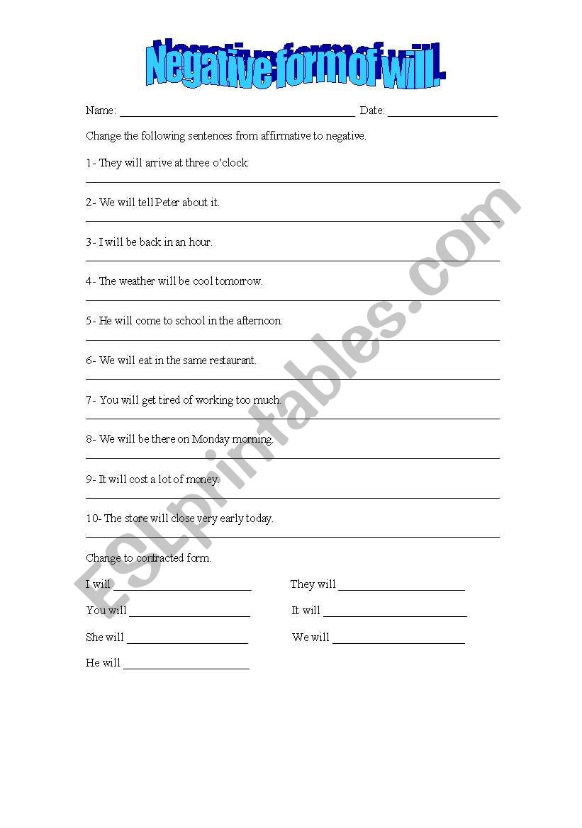 Negative form or will worksheet