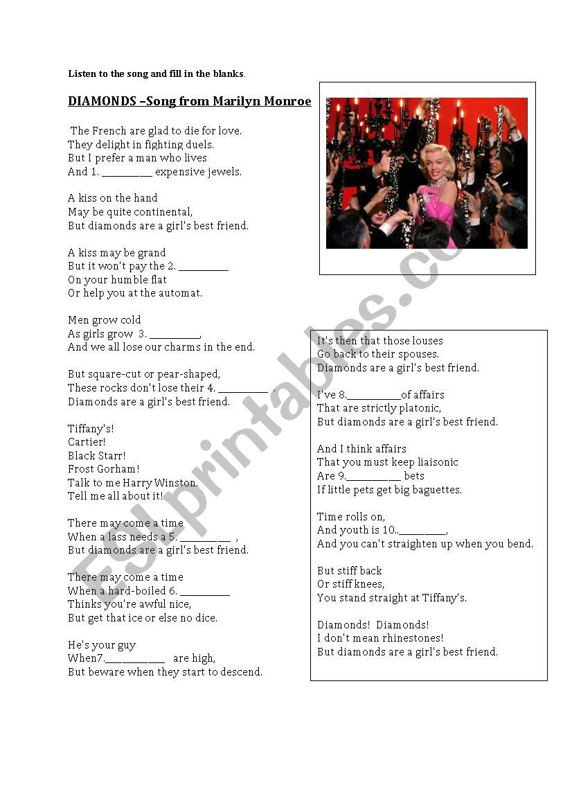 Diamonds-Marilyn Monroe worksheet