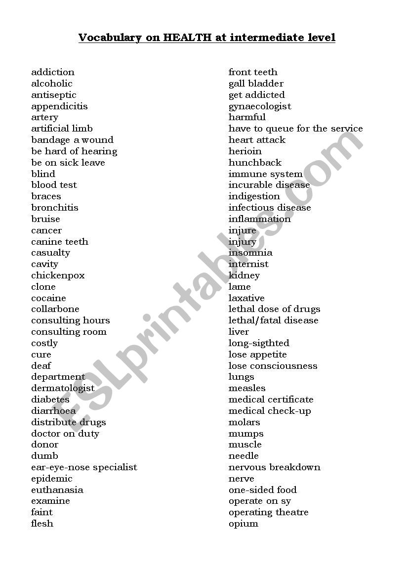 Vocabulary on HEALTH at intermediate level