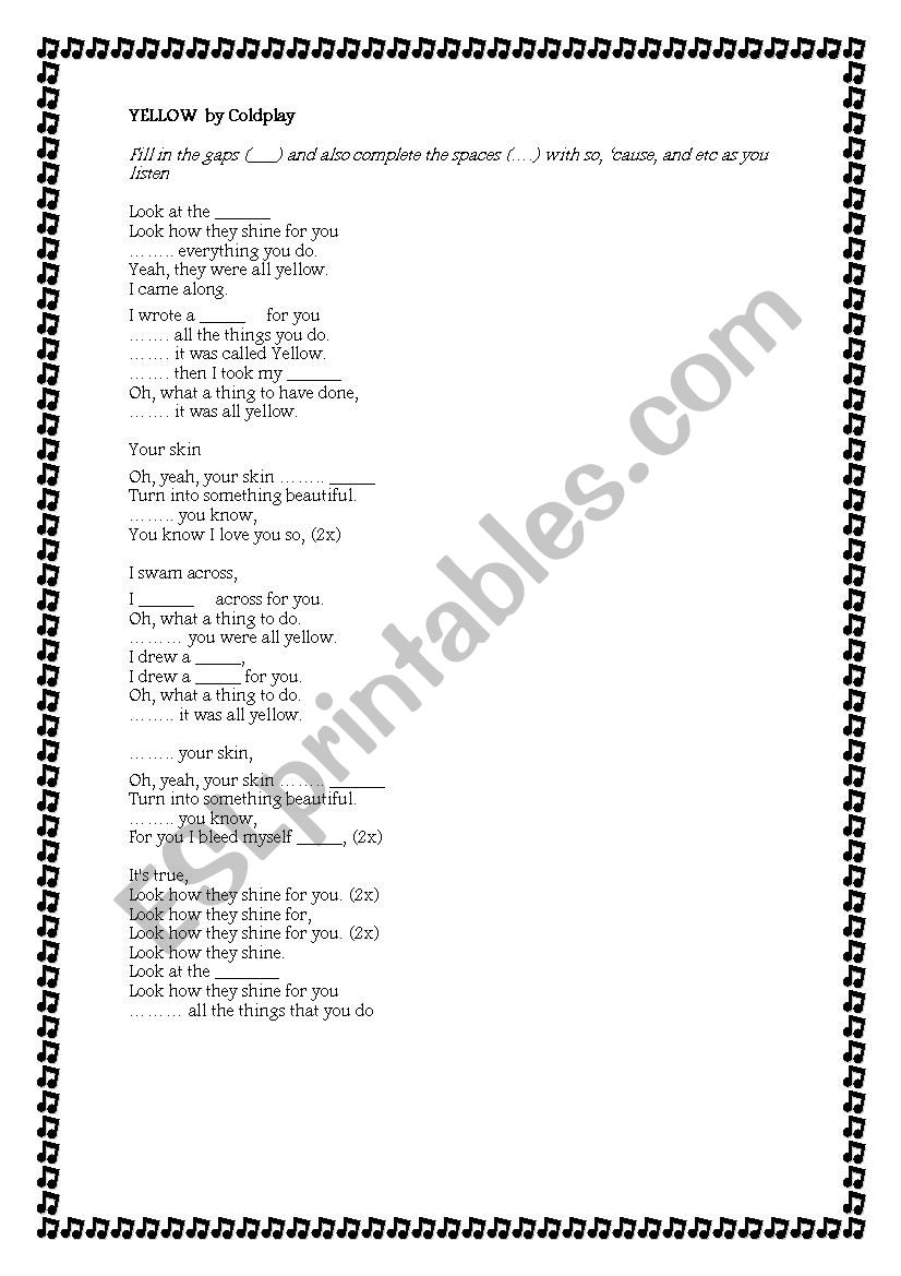 Yellow by Coldplay worksheet