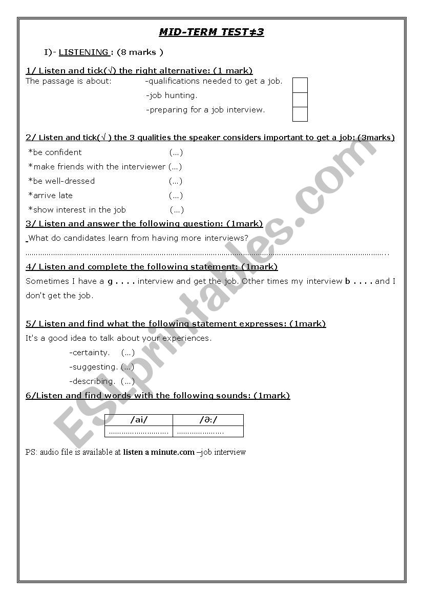 listening test worksheet