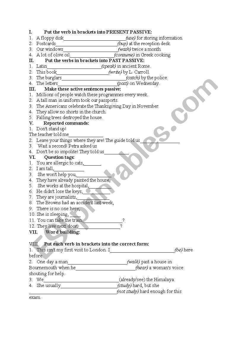 Tenses test worksheet