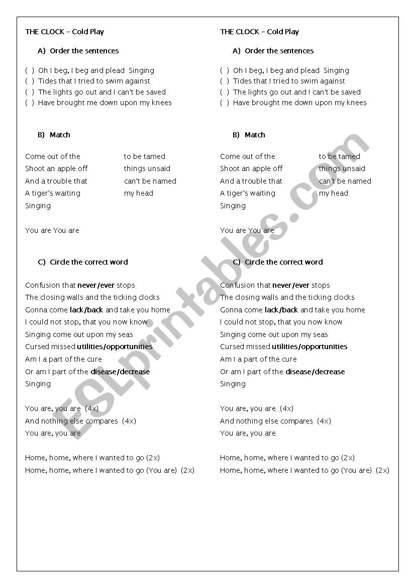 Clocks - Cold Play worksheet