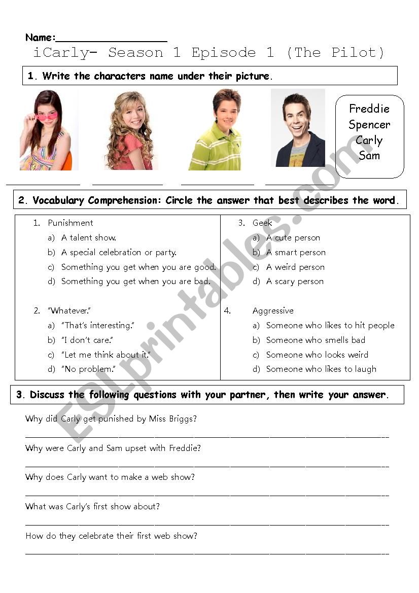 iCarly Season 1 Episode 1 (iPilot) Worksheet