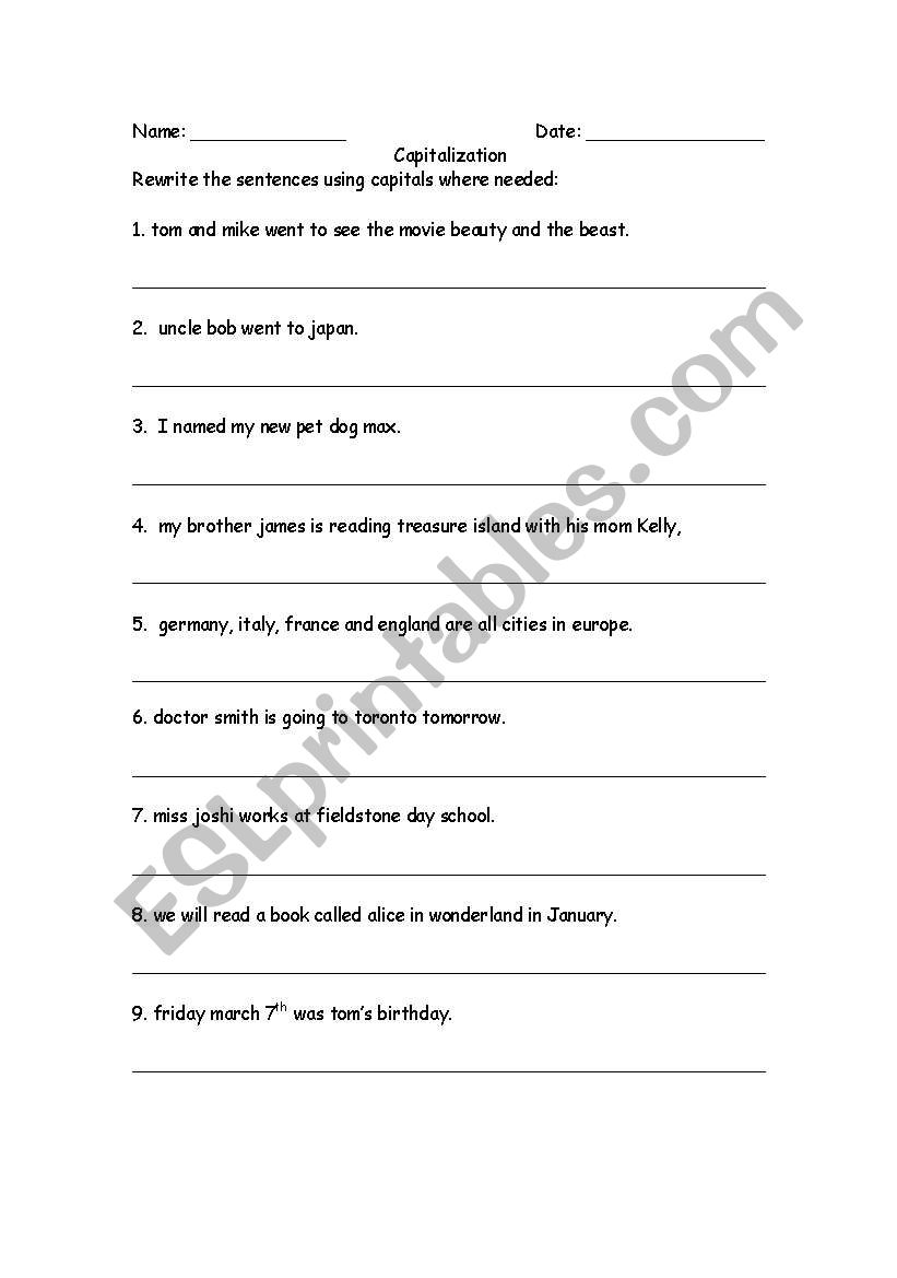 Capitalization worksheet