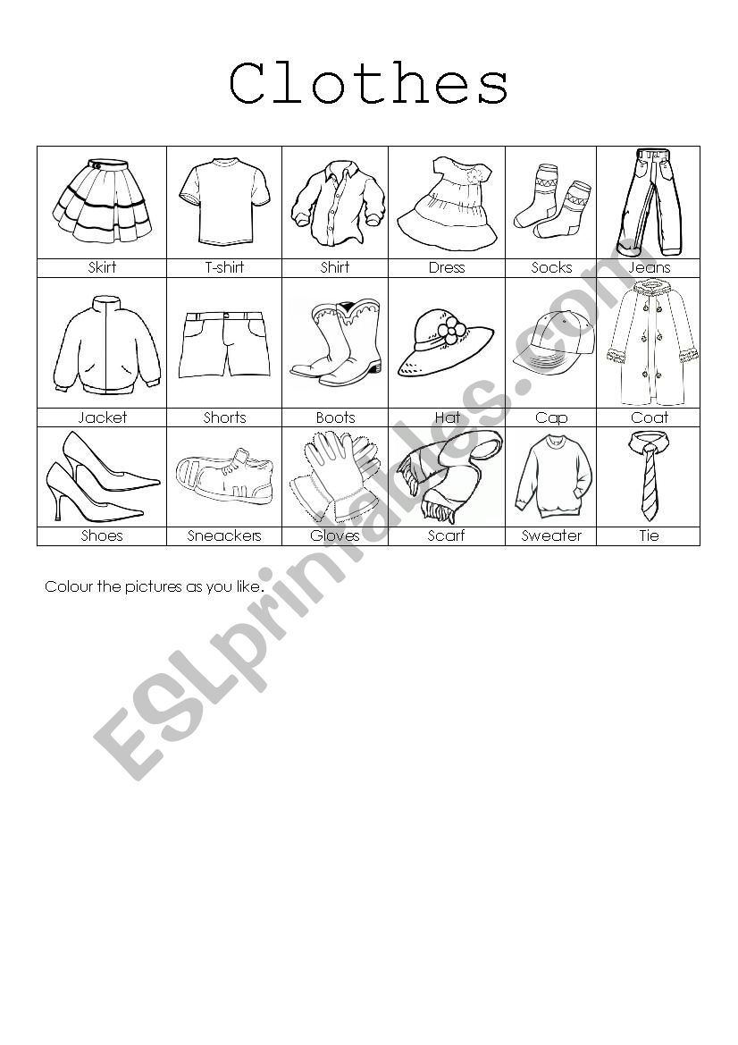 Clothes and colours worksheet