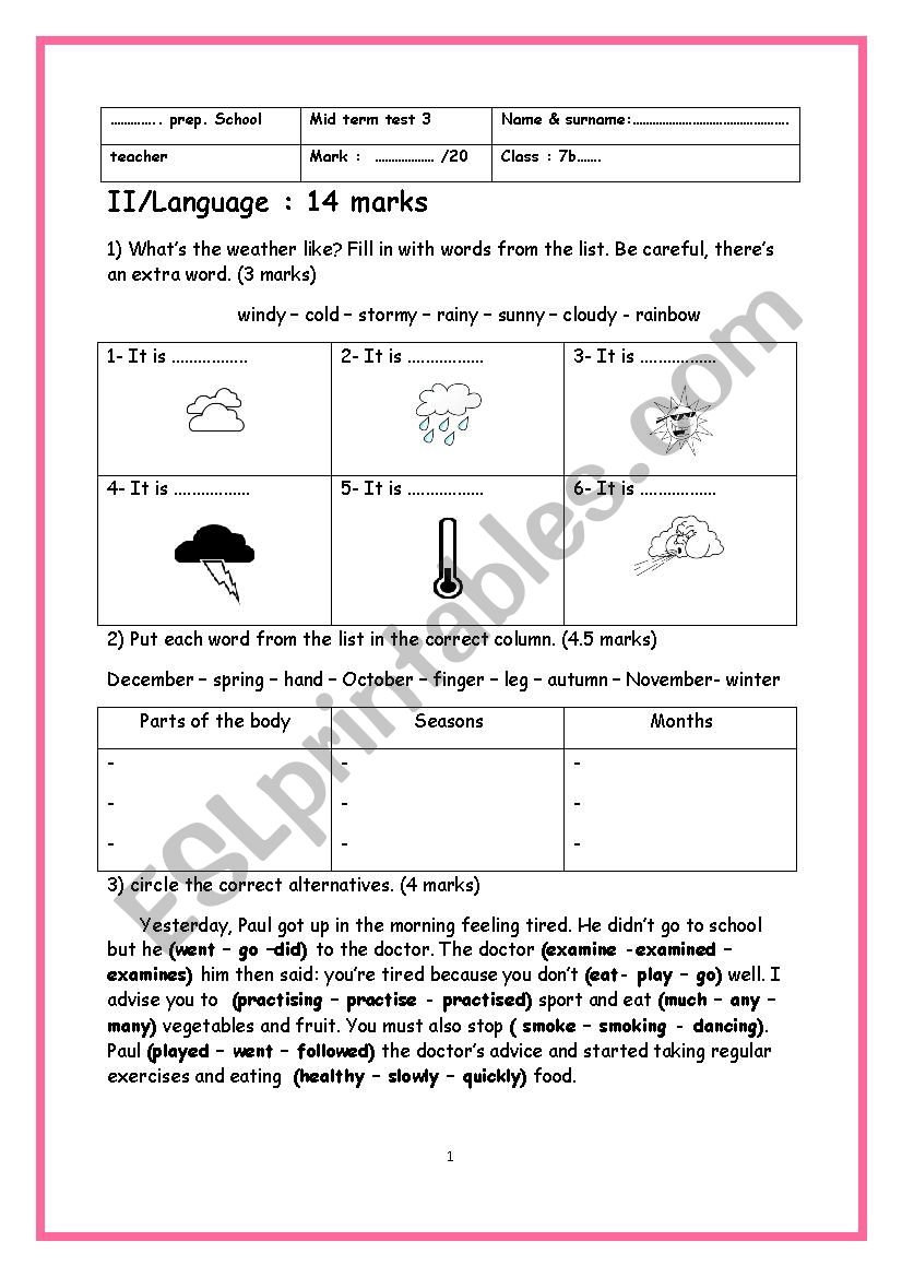 7th form mid term test 3  part (2) language exercises