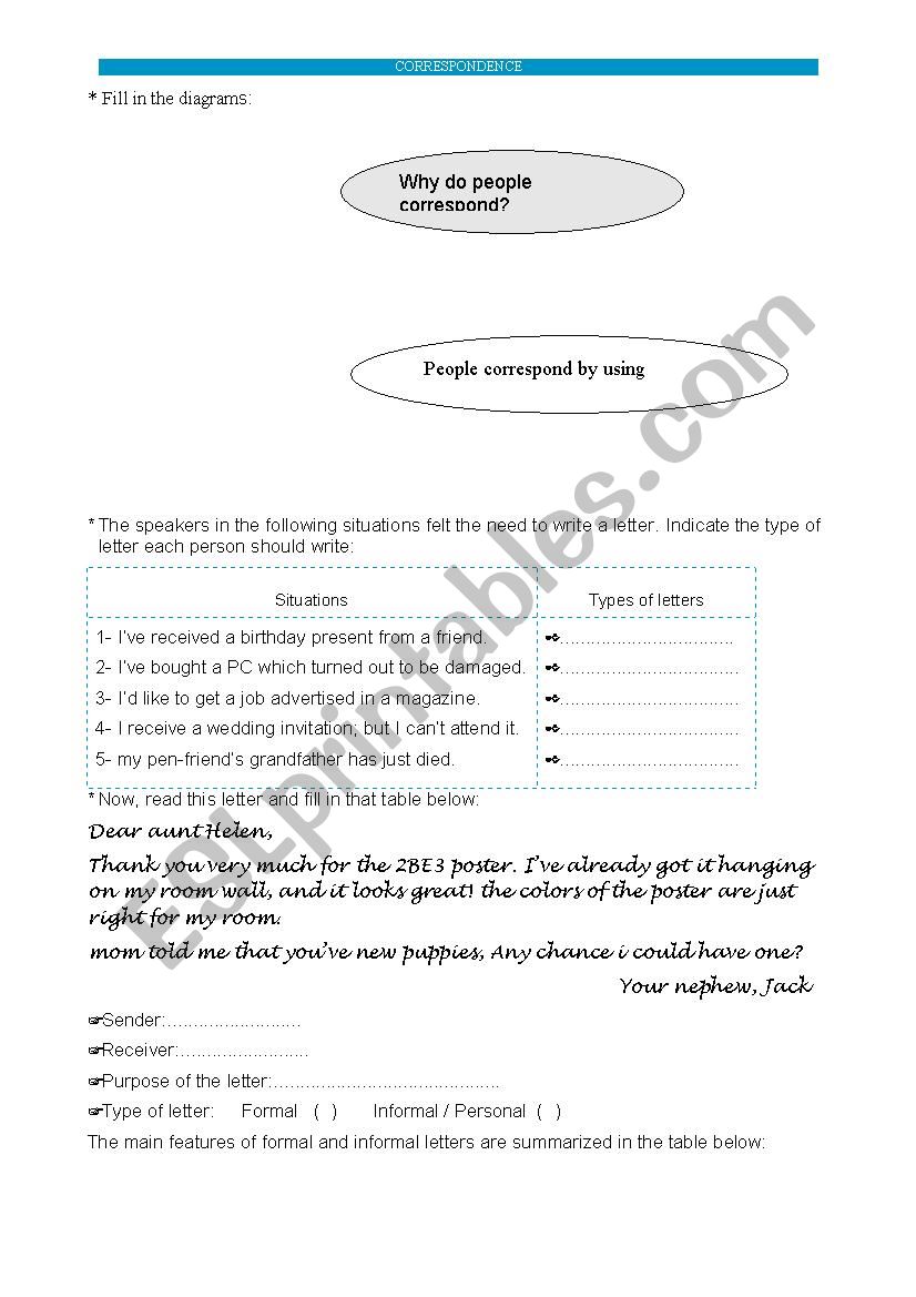 correspondence worksheet