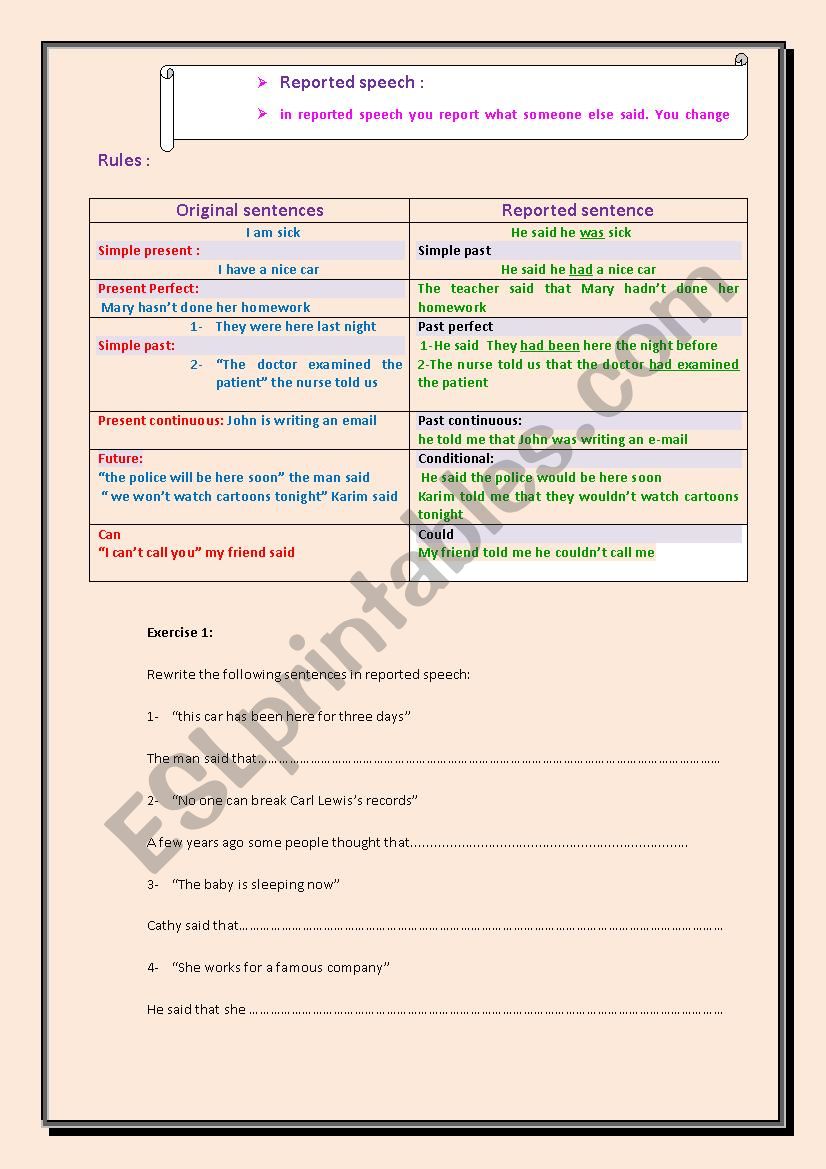 Reported speech worksheet