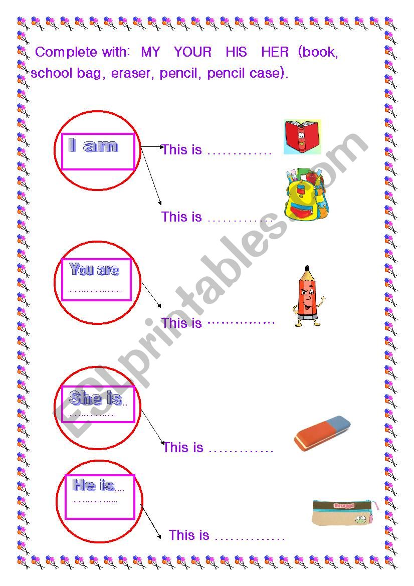 Possessive adjectives worksheet ( my, your, his, her )