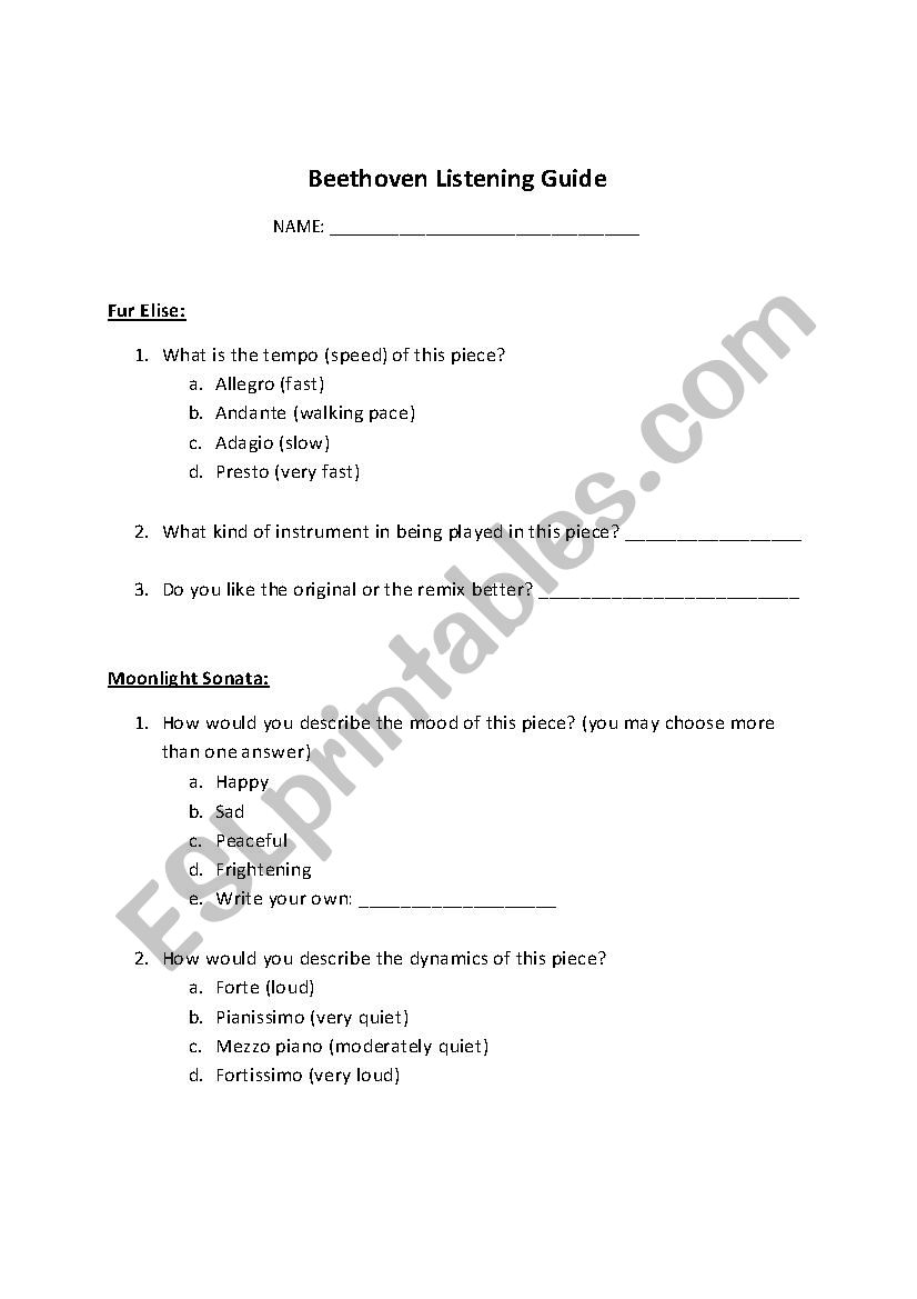 Beethoven Music Worksheet worksheet