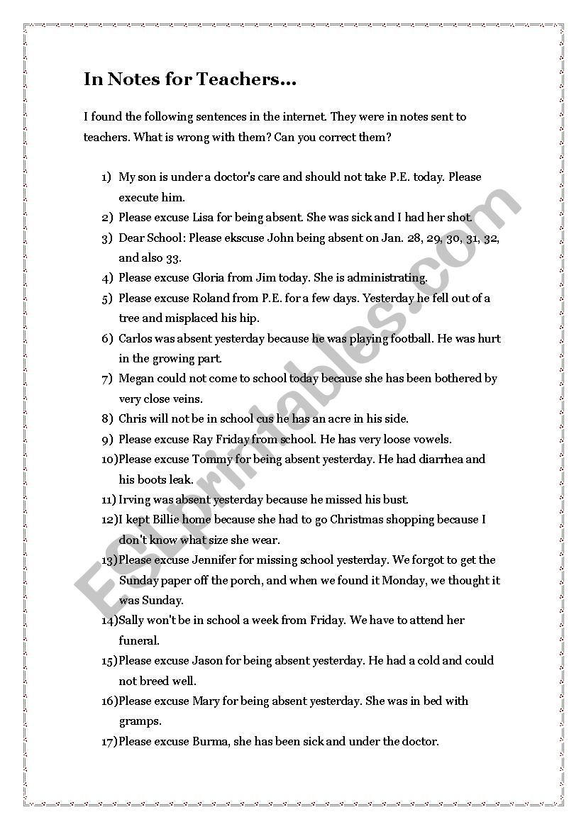 In Notes for Teachers... worksheet