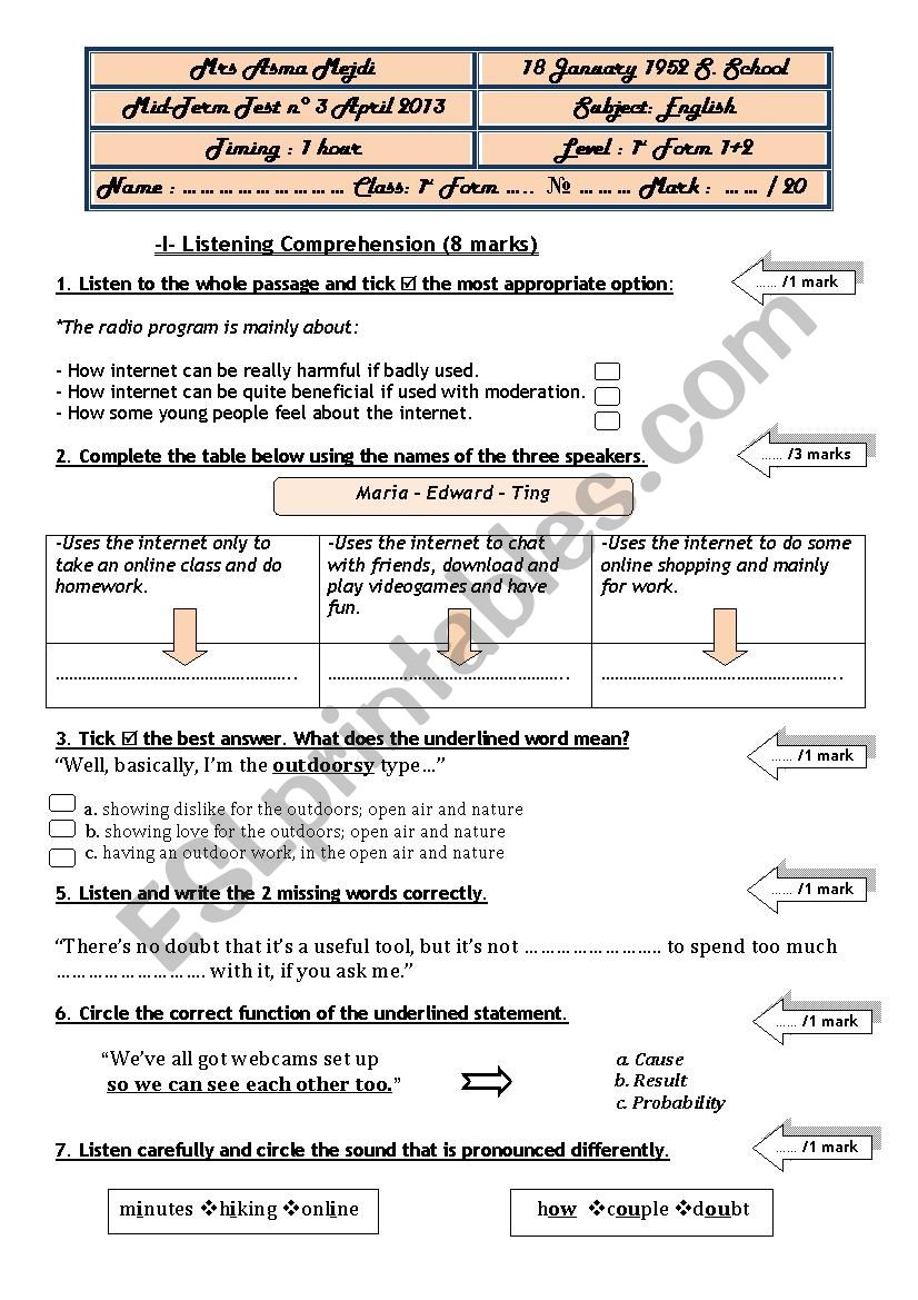 Mid Term Test 2 First Form worksheet