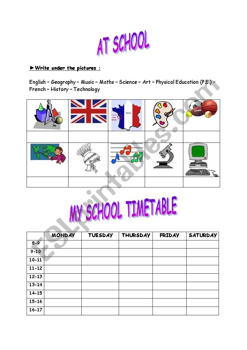 school timetable worksheet