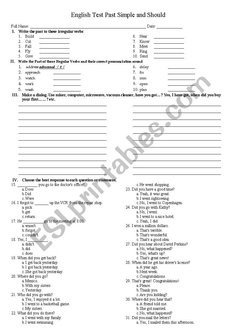 English Test Past Simple and Should