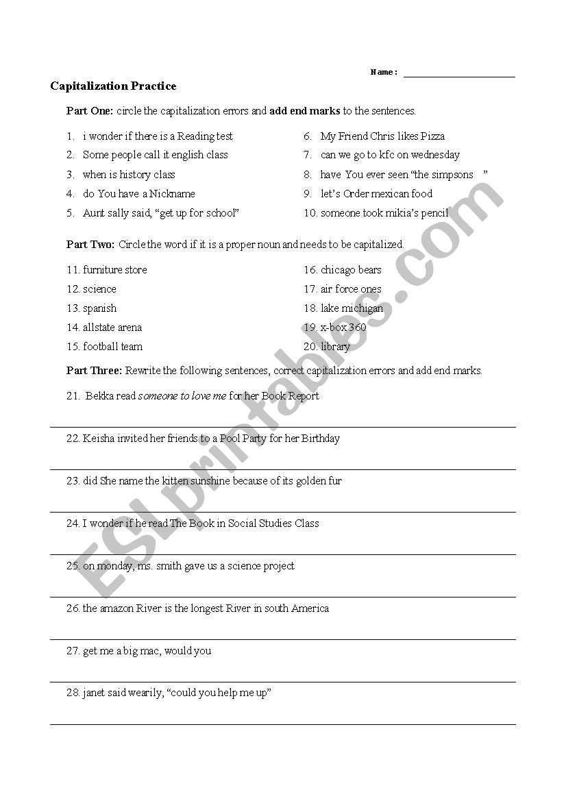 Capitalization Practice worksheet