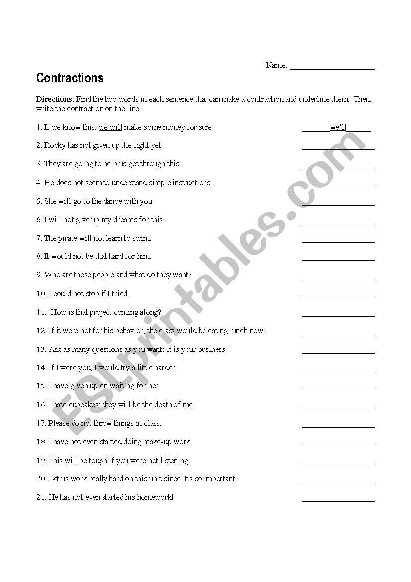 Contractions worksheet