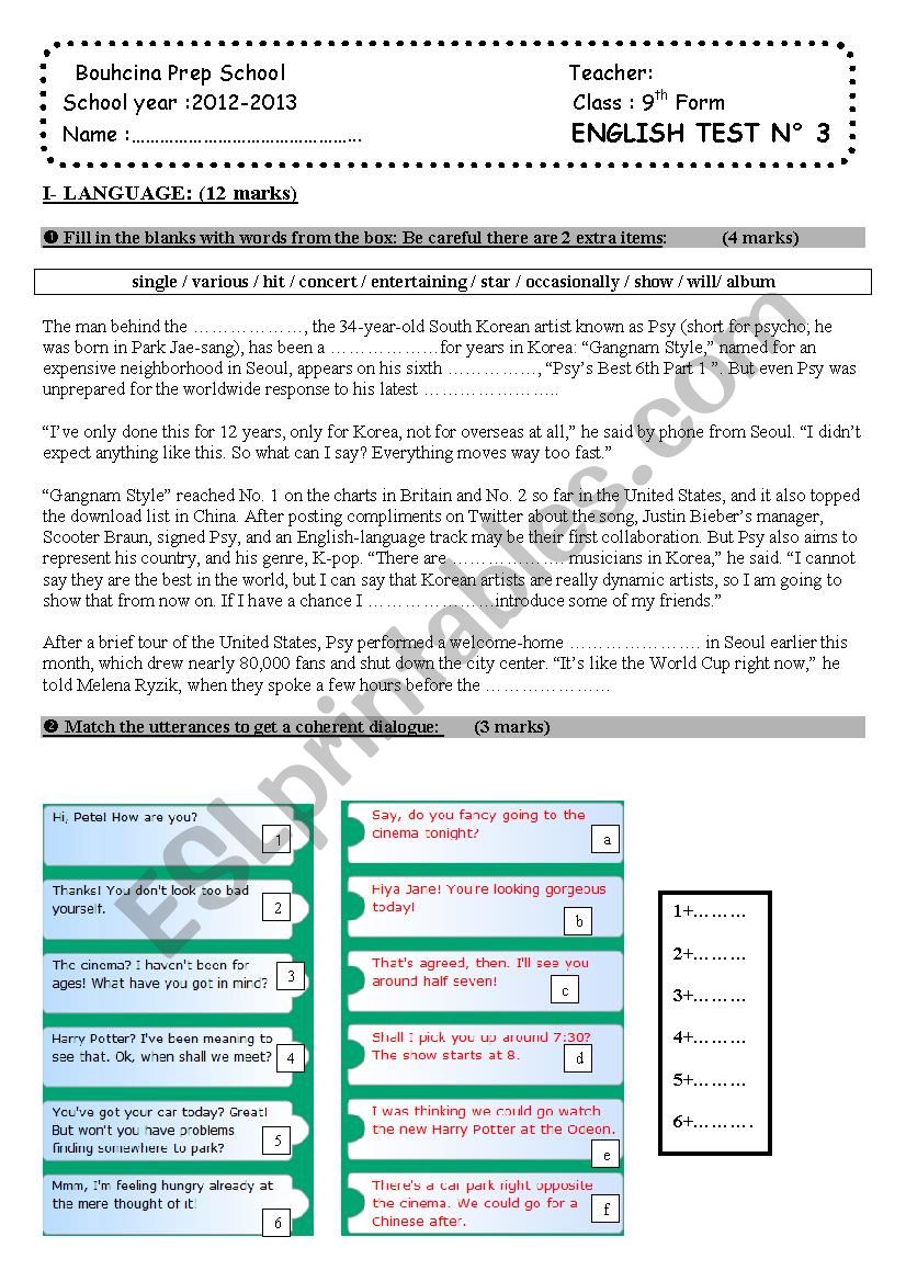 mid term test N3 (9th form) worksheet
