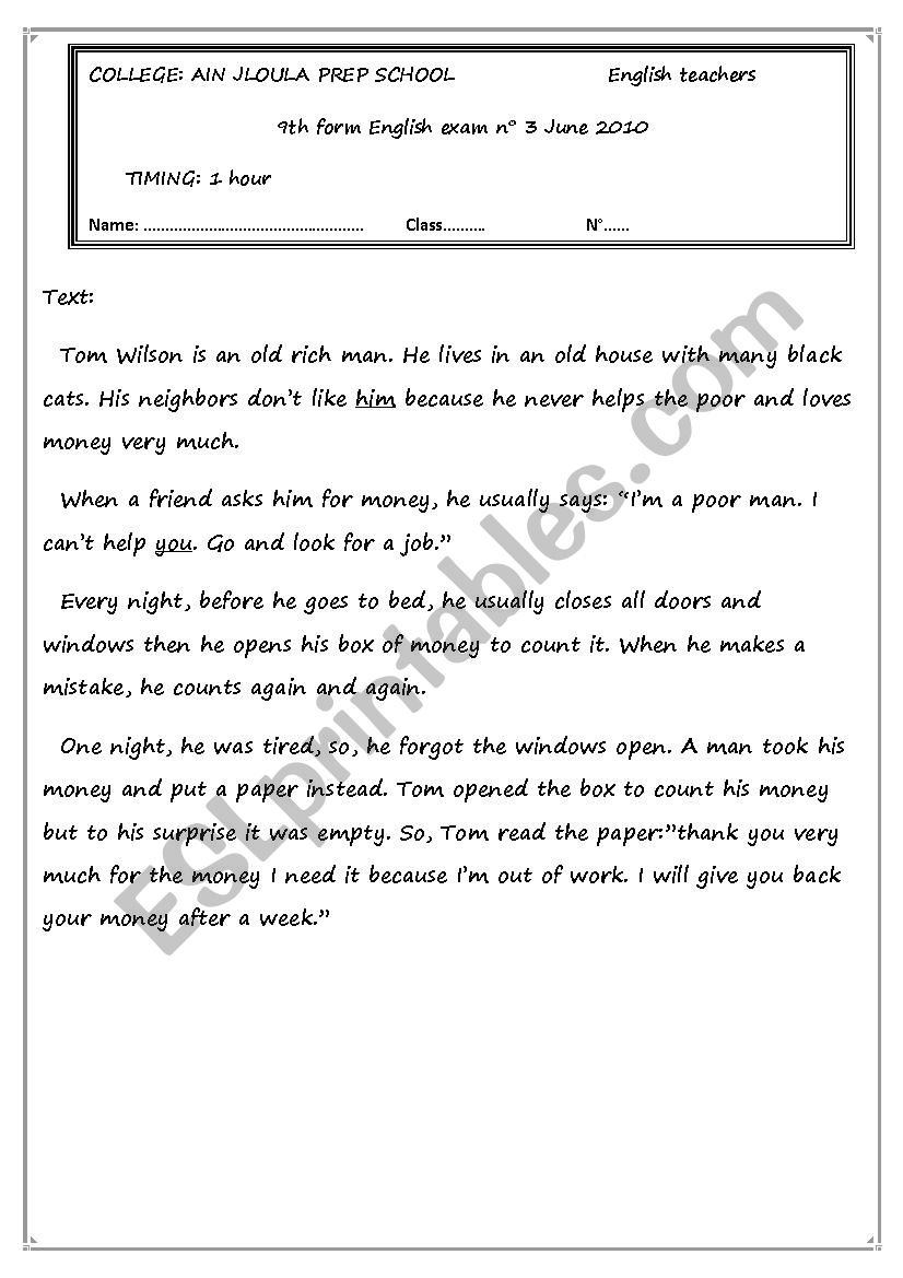 9th form exam 3 worksheet