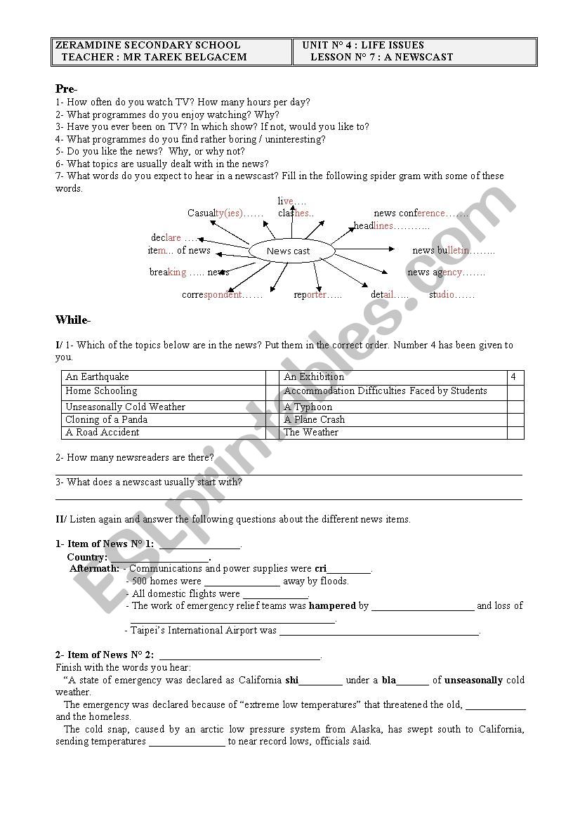 Lesson Plan: Unit n4 / Lesson n 7: A Newscast ( 4th form, Tunisian Students )