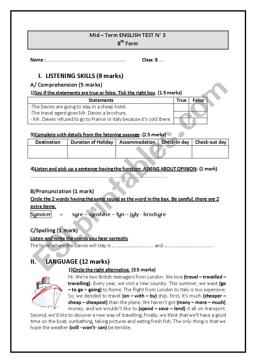 English Test 8th Form (Tunisian Schools)