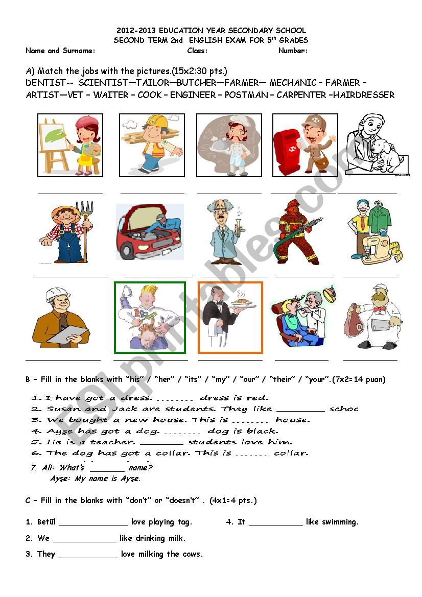 5th Grade Second Term Second Exam PART-1 - ESL worksheet by Fatihkhan52